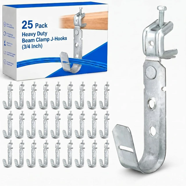 Main image of 25 Pack Cable Support J Hook with Beam Clamp, 3/4 Inch Heavy Duty Metal Wire Cable Support J Hook Hangers for Wire Management
