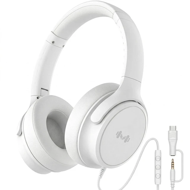 Main image of Wired Over-Ear Headphones, Mic, 3.5mm, USB-C Adapter, White Over-ear comfort with inline mic, volume control, 3.5mm jack, and USB-C adapter for phones, laptops, PCs, and tablets