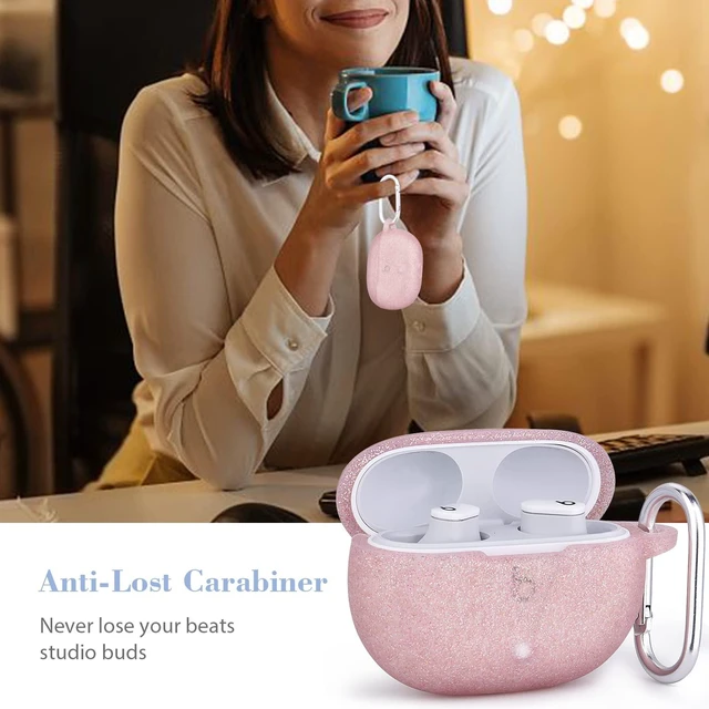 Alt view image 6 of 7 - Silicone Case Compatible with Beats Studio Buds Case 2021 Soft Protective Cover for Beats Wireless Earbuds with Keychain (Glittery Rose Gold)