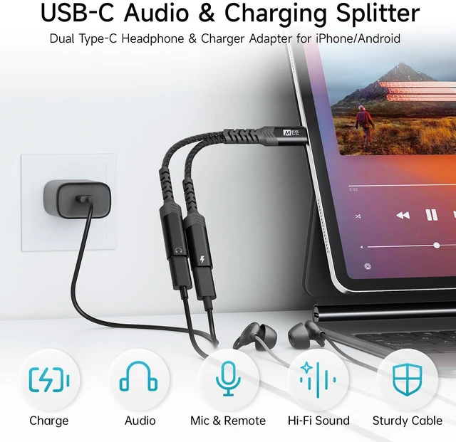 Alt view image 2 of 7 - 2-in-1 USB-C Audio & Charging Splitter - USB Type C Male to Dual USB-C Female Headphone & Charger Adapter Dongle for iPhone 15/16/17, Samsung Galaxy, iPad, Pixel