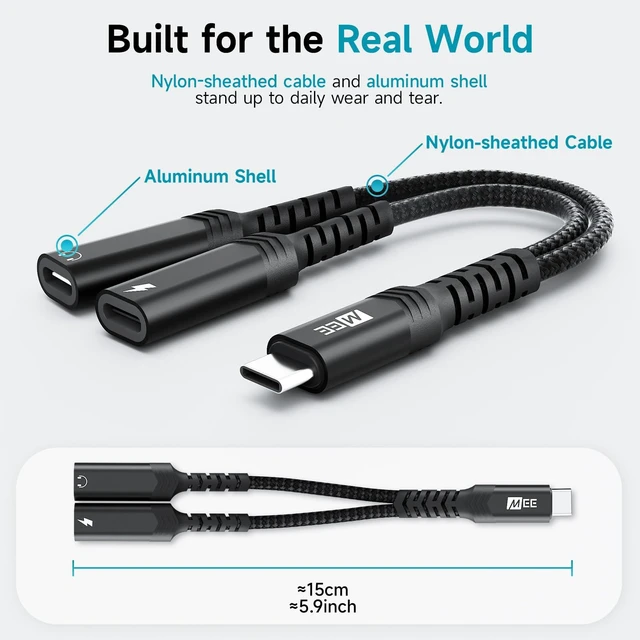 Alt view image 7 of 7 - 2-in-1 USB-C Audio & Charging Splitter - USB Type C Male to Dual USB-C Female Headphone & Charger Adapter Dongle for iPhone 15/16/17, Samsung Galaxy, iPad, Pixel