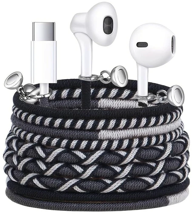 Main image of Wired Earbuds USB-C with Microphone Bracelet Design Tangle-Free Necklace & Braided Colorful Cord, Magnetic Lock Compatible with iPhone 14/15/16/17, PS5 for Music, Sports, Gaming (Black)