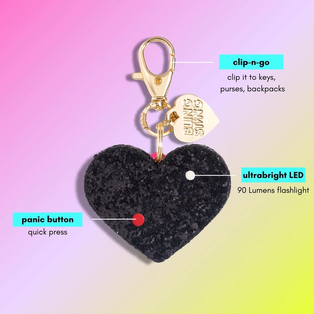 Alt view image 3 of 5 - Personal Safety Alarm for Women - Ahh!-larm! Emergency Self-Defense Security Alarm Keychain with LED Light, Purse Charm, Black Glitter Heart, one size (ALBLKG)
