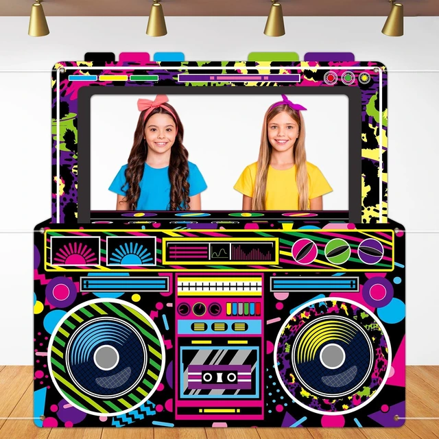 Main image of 80s 90s Party Decorations Neon Radio Boombox Photo Booth Props Frame Radio Boombox Selfie Frame Backdrop Hanging Banner Party Supplies for 90s Boys Girls Hip Hop Music Theme Birthday Decor