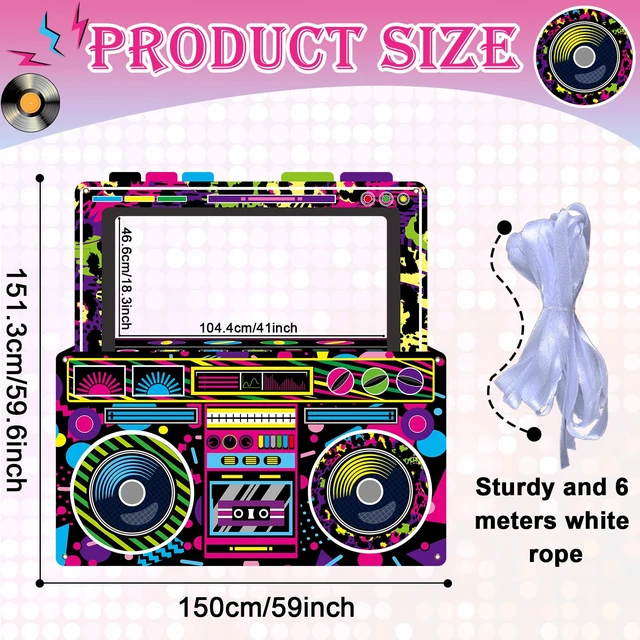 Alt view image 2 of 7 - 80s 90s Party Decorations Neon Radio Boombox Photo Booth Props Frame Radio Boombox Selfie Frame Backdrop Hanging Banner Party Supplies for 90s Boys Girls Hip Hop Music Theme Birthday Decor