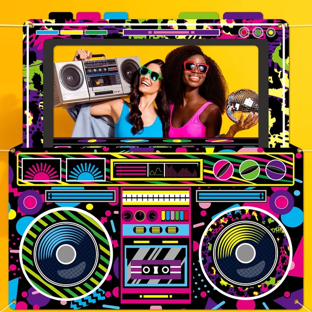 Alt view image 4 of 7 - 80s 90s Party Decorations Neon Radio Boombox Photo Booth Props Frame Radio Boombox Selfie Frame Backdrop Hanging Banner Party Supplies for 90s Boys Girls Hip Hop Music Theme Birthday Decor