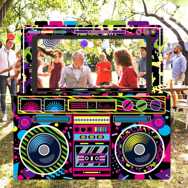 Alt view image 6 of 7 - 80s 90s Party Decorations Neon Radio Boombox Photo Booth Props Frame Radio Boombox Selfie Frame Backdrop Hanging Banner Party Supplies for 90s Boys Girls Hip Hop Music Theme Birthday Decor
