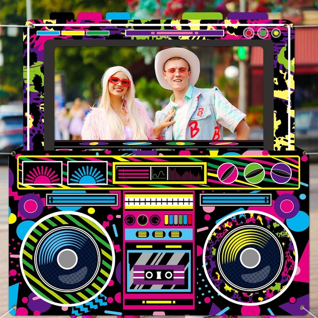 Alt view image 5 of 7 - 80s 90s Party Decorations Neon Radio Boombox Photo Booth Props Frame Radio Boombox Selfie Frame Backdrop Hanging Banner Party Supplies for 90s Boys Girls Hip Hop Music Theme Birthday Decor