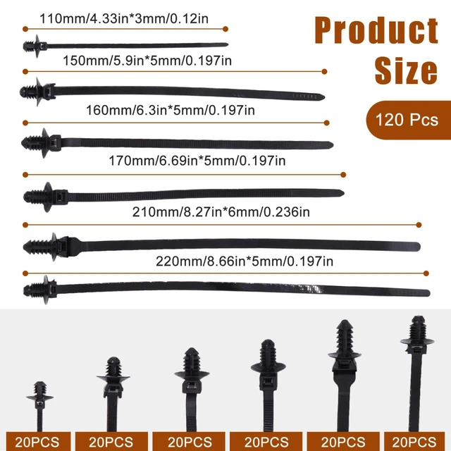 Alt view image 2 of 6 - 120PCS Nylon Push Mount Zip Ties, Heavy Duty Cable Tie Black Wire Tie with Push Pin Fir Tree Zipties Self Locking Design for Indoor and Outdoor (6 Types)