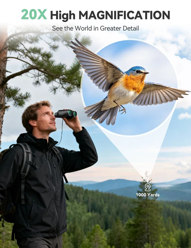 Alt view image 2 of 7 - 20x25 Compact Binoculars for Adults & Kids High Powered for Bird Watching Low Light Vision for Concert Cruise Travel, Lightweight Small Porro Prism FMC Lens with Case Strap