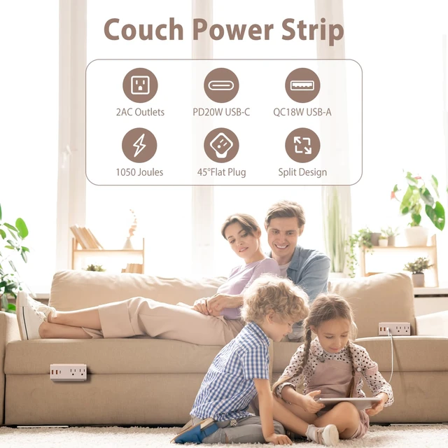 Alt view image 2 of 7 - Couch Charging Station, Sofa Outlet with 2 AC Outlets 3USB Ports PD20W USB C & 1050J Surge Protection, 6ft Flat Power Cord for Furniture Couch. ETL Listed. Pink