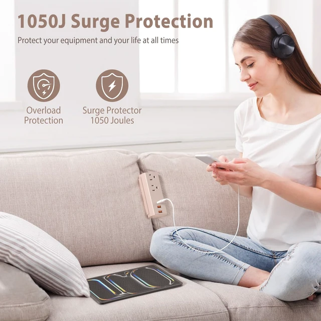Alt view image 3 of 7 - Couch Charging Station, Sofa Outlet with 2 AC Outlets 3USB Ports PD20W USB C & 1050J Surge Protection, 6ft Flat Power Cord for Furniture Couch. ETL Listed. Pink