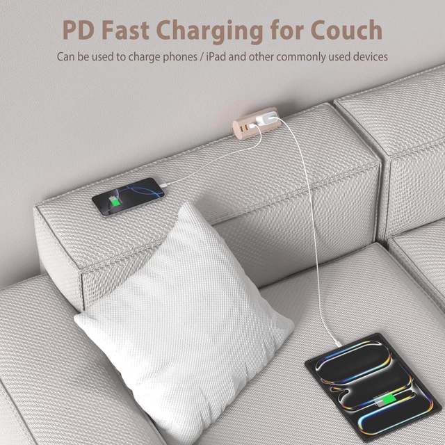Alt view image 4 of 7 - Couch Charging Station, Sofa Outlet with 2 AC Outlets 3USB Ports PD20W USB C & 1050J Surge Protection, 6ft Flat Power Cord for Furniture Couch. ETL Listed. Pink