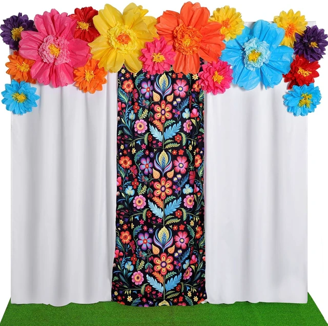 Main image of 19 Pcs Mexican Backdrop Curtain Paper Flowers, White, Floral Polyester Curtains for Arch Decor, Princess Party Photo Booth, Elegant Fiesta Supplies, Cinco De Mayo Wedding Decor