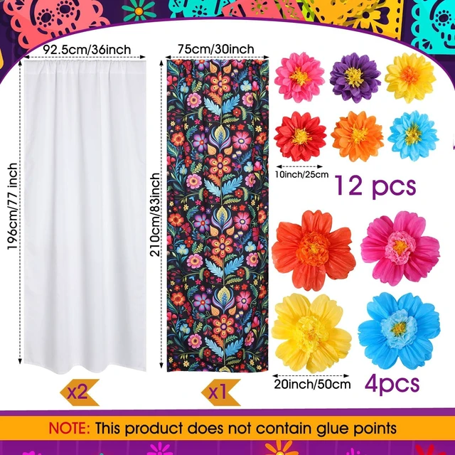 Alt view image 2 of 6 - 19 Pcs Mexican Backdrop Curtain Paper Flowers, White, Floral Polyester Curtains for Arch Decor, Princess Party Photo Booth, Elegant Fiesta Supplies, Cinco De Mayo Wedding Decor