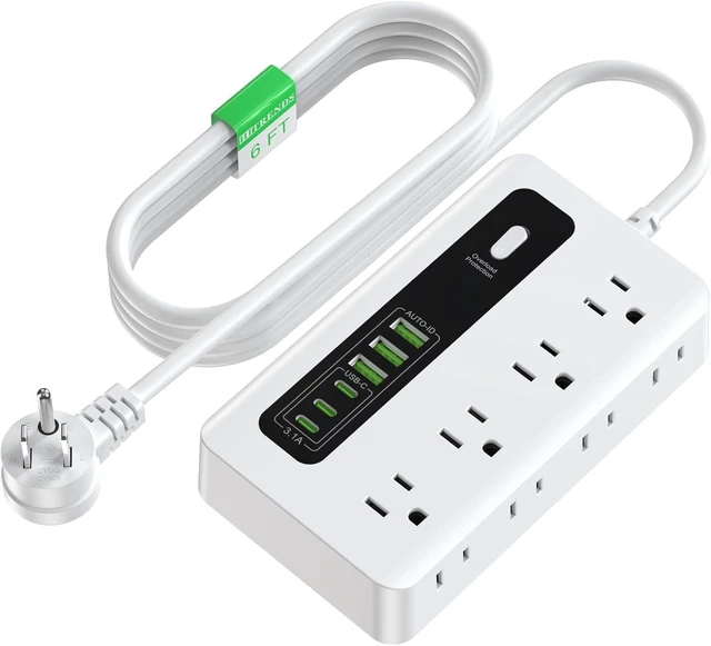 Main image of Power Strip with USB, 6 Ft Surge Protector Flat Plug Extension Cord with 8 Outlets 3 USB Ports & 3 Type-C Port (5V/3A), Outlet Extender for Home Office, White
