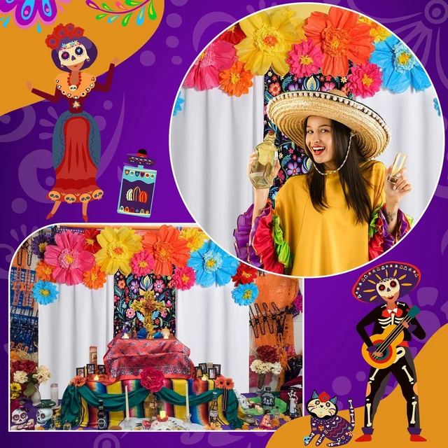 Alt view image 5 of 6 - 19 Pcs Mexican Backdrop Curtain Paper Flowers, White, Floral Polyester Curtains for Arch Decor, Princess Party Photo Booth, Elegant Fiesta Supplies, Cinco De Mayo Wedding Decor