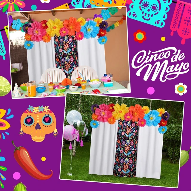 Alt view image 6 of 6 - 19 Pcs Mexican Backdrop Curtain Paper Flowers, White, Floral Polyester Curtains for Arch Decor, Princess Party Photo Booth, Elegant Fiesta Supplies, Cinco De Mayo Wedding Decor