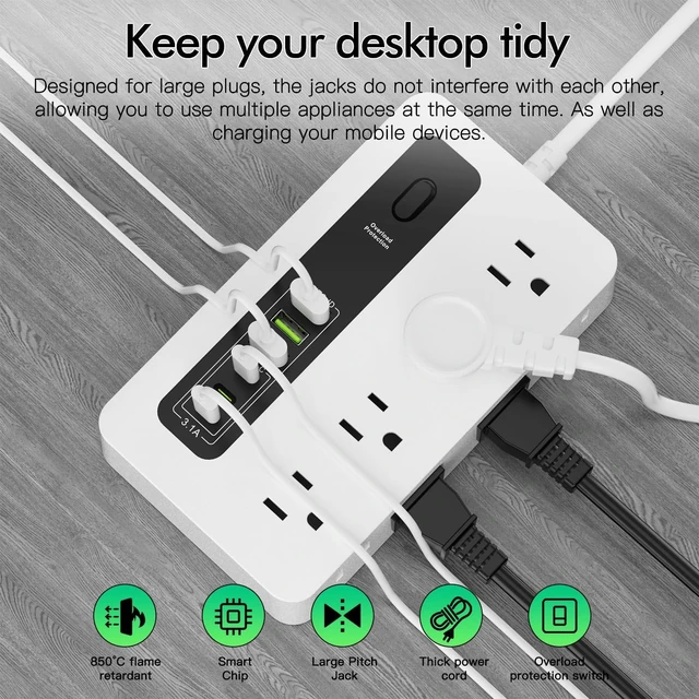 Alt view image 4 of 7 - Power Strip with USB, 6 Ft Surge Protector Flat Plug Extension Cord with 8 Outlets 3 USB Ports & 3 Type-C Port (5V/3A), Outlet Extender for Home Office, White