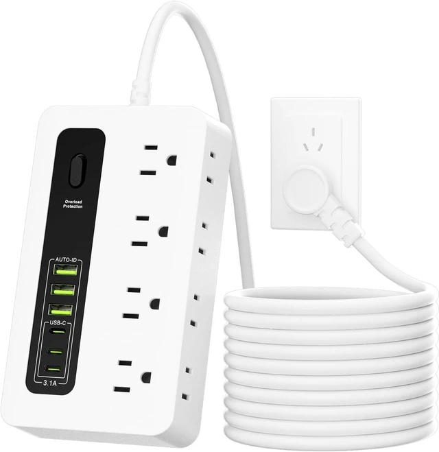 Alt view image 2 of 7 - Power Strip with USB, 6 Ft Surge Protector Flat Plug Extension Cord with 8 Outlets 3 USB Ports & 3 Type-C Port (5V/3A), Outlet Extender for Home Office, White