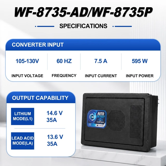 Alt view image 3 of 7 - WF-8735-AD 30 Amp RV Converter Charger with Auto-Detect Charging Fit Lithium And Lead-Acid Batteries; 3-Stage Charging, 35A DC Output And 600W Power for RVs And Trailers