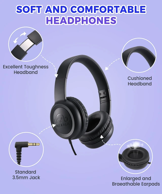 Alt view image 2 of 7 - C3 Foldable Kids Headphones Wired for School Boys Girls 3.5mm Jack On-Ear Head phones for Child Home Airplane Tablet, No Microphones, Adjustable Headband Black