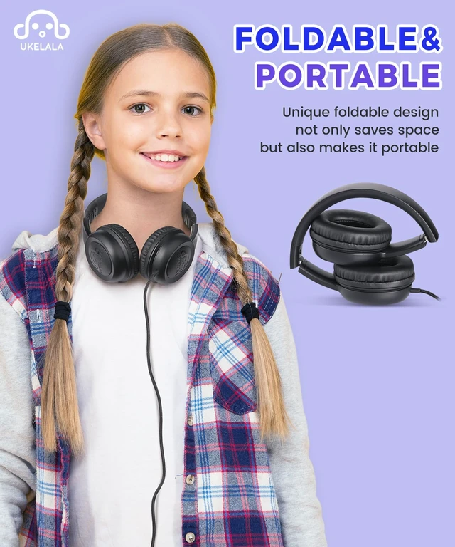 Alt view image 7 of 7 - C3 Foldable Kids Headphones Wired for School Boys Girls 3.5mm Jack On-Ear Head phones for Child Home Airplane Tablet, No Microphones, Adjustable Headband Black