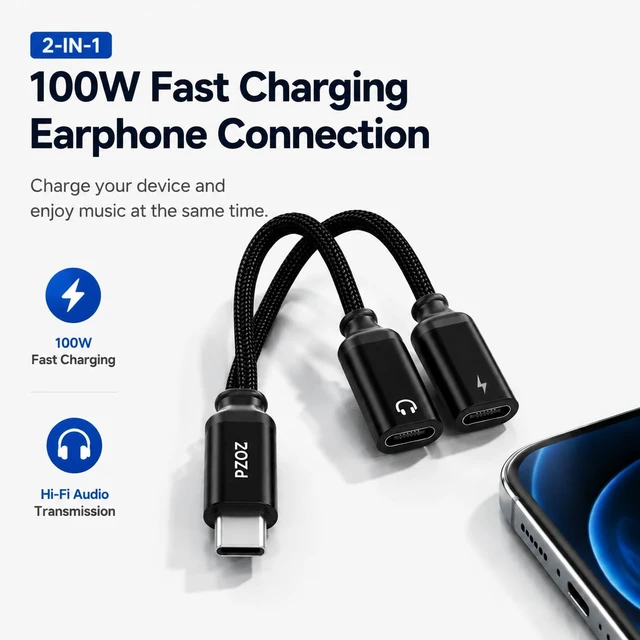 Alt view image 2 of 7 - USB C Headphone Adapter, 100W Audio Charging Splitter for iPhone 2-in-1 USB-C adapter lets you charge and use wired headphones at the same time, perfect for music, gaming and calls