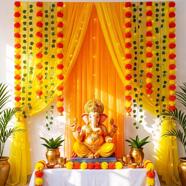 Main image of Indian Pooja Backdrop Navratri Decor, Yellow and Orange, Indian Diwali Tulle Backdrop with Artificial Marigold Garlands Green Leaf Vines, Haldi Wedding Annaprashan Housewarming Decor