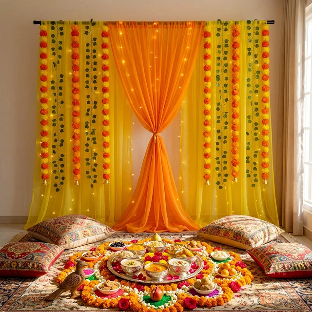 Alt view image 4 of 6 - Indian Pooja Backdrop Navratri Decor, Yellow and Orange, Indian Diwali Tulle Backdrop with Artificial Marigold Garlands Green Leaf Vines, Haldi Wedding Annaprashan Housewarming Decor