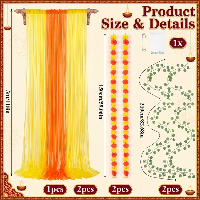 Alt view image 2 of 6 - Indian Pooja Backdrop Navratri Decor, Yellow and Orange, Indian Diwali Tulle Backdrop with Artificial Marigold Garlands Green Leaf Vines, Haldi Wedding Annaprashan Housewarming Decor