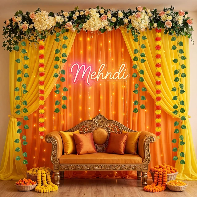 Alt view image 3 of 6 - Indian Pooja Backdrop Navratri Decor, Yellow and Orange, Indian Diwali Tulle Backdrop with Artificial Marigold Garlands Green Leaf Vines, Haldi Wedding Annaprashan Housewarming Decor