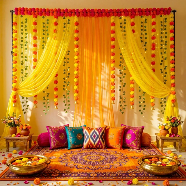 Alt view image 5 of 6 - Indian Pooja Backdrop Navratri Decor, Yellow and Orange, Indian Diwali Tulle Backdrop with Artificial Marigold Garlands Green Leaf Vines, Haldi Wedding Annaprashan Housewarming Decor