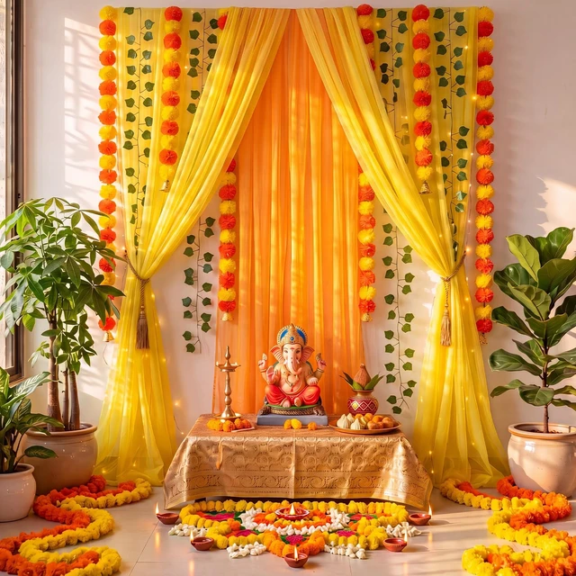 Alt view image 6 of 6 - Indian Pooja Backdrop Navratri Decor, Yellow and Orange, Indian Diwali Tulle Backdrop with Artificial Marigold Garlands Green Leaf Vines, Haldi Wedding Annaprashan Housewarming Decor