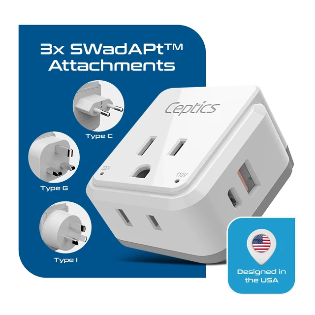 Alt view image 4 of 7 - China, Malaysia Power Adapter Travel Set, 20W PD & QC, Safe Dual USB & USB-C 3.1A2 USA Outlet - Compact-Use in Hong Kong, Kuwait, Singapore, Iraq - Includes Type G, I, C SWadAPt Attachments