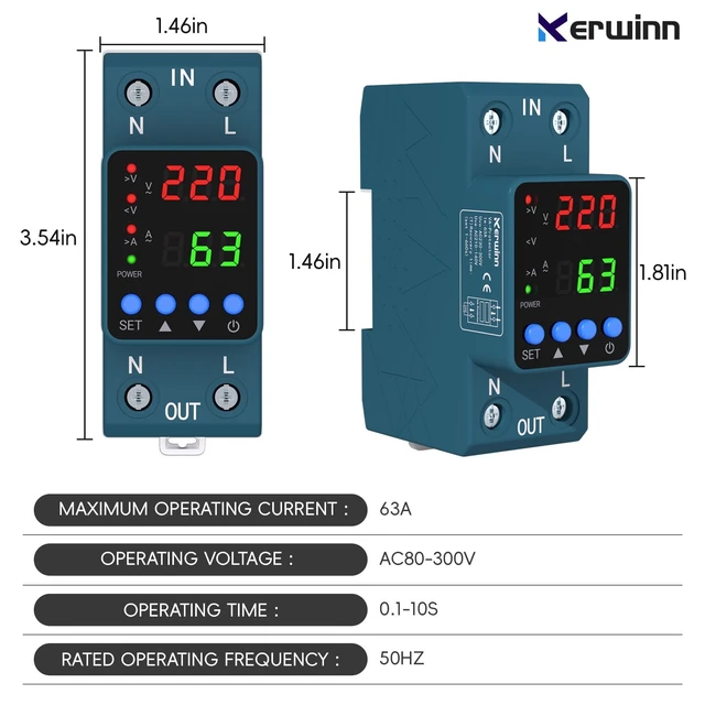 Alt view image 2 of 6 - Adjustable Voltage Protector 110V/220V, 80210V Undervoltage 130300V Overvoltage, Overcurrent Protection,163A Adjustable Smart Circuit Breaker, AC DIN Rail Voltage Stabilizer(Blue)
