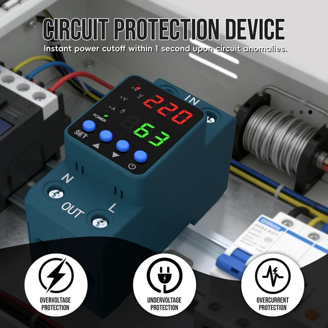 Alt view image 3 of 6 - Adjustable Voltage Protector 110V/220V, 80210V Undervoltage 130300V Overvoltage, Overcurrent Protection,163A Adjustable Smart Circuit Breaker, AC DIN Rail Voltage Stabilizer(Blue)