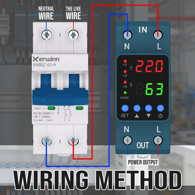 Alt view image 4 of 6 - Adjustable Voltage Protector 110V/220V, 80210V Undervoltage 130300V Overvoltage, Overcurrent Protection,163A Adjustable Smart Circuit Breaker, AC DIN Rail Voltage Stabilizer(Blue)