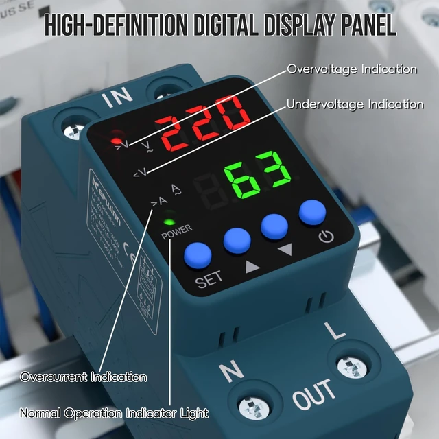 Alt view image 5 of 6 - Adjustable Voltage Protector 110V/220V, 80210V Undervoltage 130300V Overvoltage, Overcurrent Protection,163A Adjustable Smart Circuit Breaker, AC DIN Rail Voltage Stabilizer(Blue)