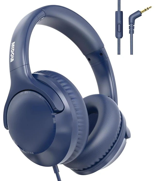 Main image of Wired Over-Ear Headphones with Cord Mic,1.4M Tangle-Free,Stereo Bass Blue Adjustable Headband Foldable Portable Lightweight Headset for Office/Tablet/Smartphone/Laptop/Travel/Music,Aux 3.5mm