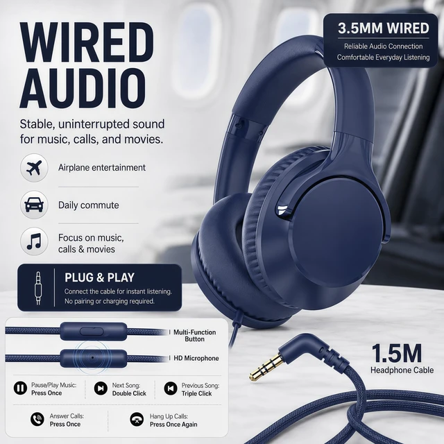 Alt view image 2 of 7 - Wired Over-Ear Headphones with Cord Mic,1.4M Tangle-Free,Stereo Bass Blue Adjustable Headband Foldable Portable Lightweight Headset for Office/Tablet/Smartphone/Laptop/Travel/Music,Aux 3.5mm