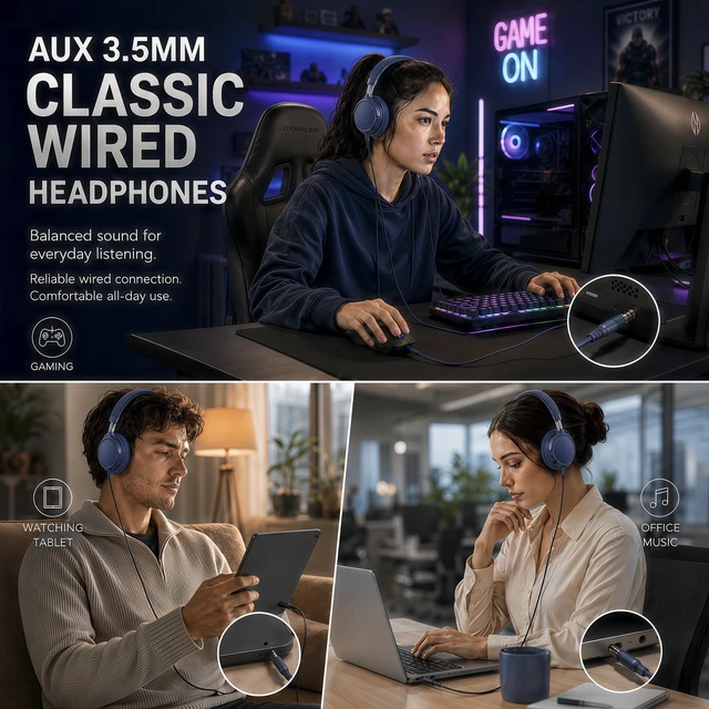 Alt view image 3 of 7 - Wired Over-Ear Headphones with Cord Mic,1.4M Tangle-Free,Stereo Bass Blue Adjustable Headband Foldable Portable Lightweight Headset for Office/Tablet/Smartphone/Laptop/Travel/Music,Aux 3.5mm