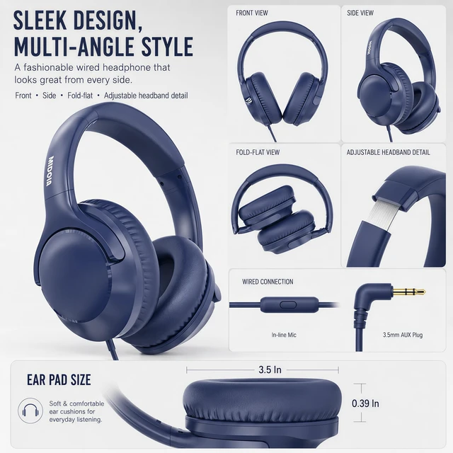 Alt view image 4 of 7 - Wired Over-Ear Headphones with Cord Mic,1.4M Tangle-Free,Stereo Bass Blue Adjustable Headband Foldable Portable Lightweight Headset for Office/Tablet/Smartphone/Laptop/Travel/Music,Aux 3.5mm