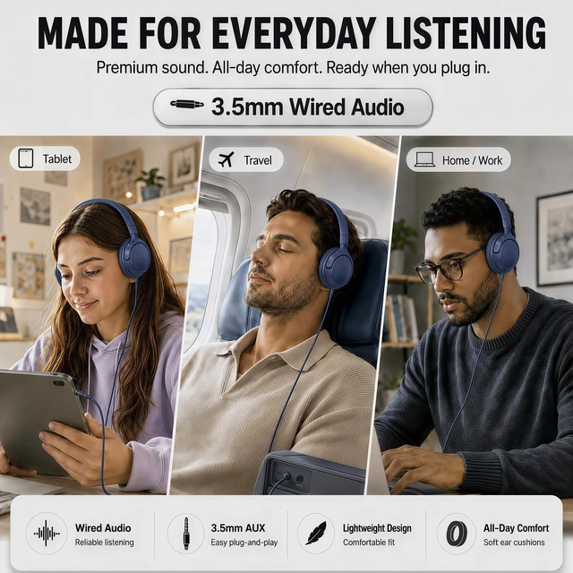 Alt view image 7 of 7 - Wired Over-Ear Headphones with Cord Mic,1.4M Tangle-Free,Stereo Bass Blue Adjustable Headband Foldable Portable Lightweight Headset for Office/Tablet/Smartphone/Laptop/Travel/Music,Aux 3.5mm