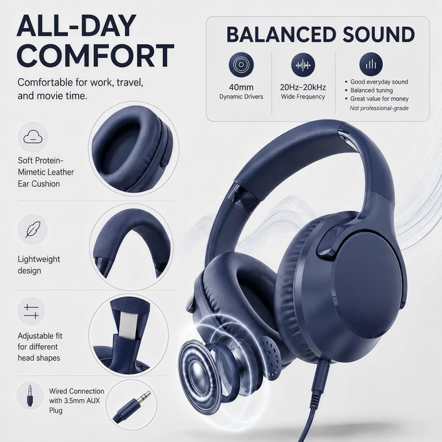 Alt view image 6 of 7 - Wired Over-Ear Headphones with Cord Mic,1.4M Tangle-Free,Stereo Bass Blue Adjustable Headband Foldable Portable Lightweight Headset for Office/Tablet/Smartphone/Laptop/Travel/Music,Aux 3.5mm