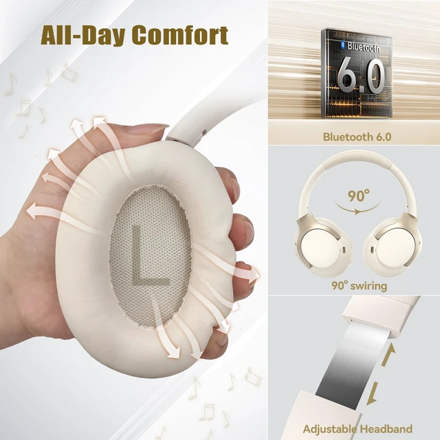 Alt view image 6 of 7 - Hybrid Active Noise Cancelling Headphones, Bluetooth 6.0 Wireless Headphones with 4 ENC Mic, 70H Playtime and 6 EQ Music Modes, Over Ear Headphones for Travel Work Cellphone - White