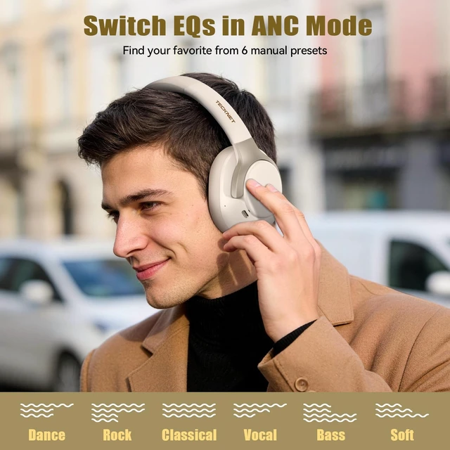Alt view image 7 of 7 - Hybrid Active Noise Cancelling Headphones, Bluetooth 6.0 Wireless Headphones with 4 ENC Mic, 70H Playtime and 6 EQ Music Modes, Over Ear Headphones for Travel Work Cellphone - White