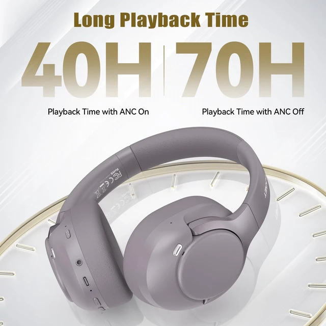 Alt view image 4 of 7 - Hybrid Active Noise Cancelling Headphones, Bluetooth 6.0 Wireless Headphones with 4 ENC Mic, 70H Playtime and 6 EQ Music Modes, Over Ear Headphones for Travel Work Cellphone - Purple Gray