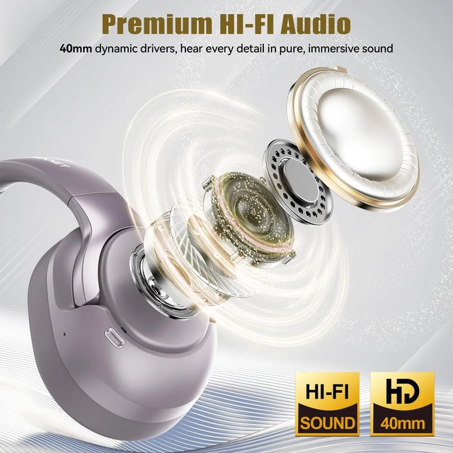 Alt view image 5 of 7 - Hybrid Active Noise Cancelling Headphones, Bluetooth 6.0 Wireless Headphones with 4 ENC Mic, 70H Playtime and 6 EQ Music Modes, Over Ear Headphones for Travel Work Cellphone - Purple Gray
