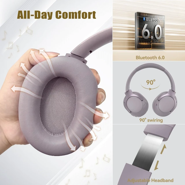 Alt view image 6 of 7 - Hybrid Active Noise Cancelling Headphones, Bluetooth 6.0 Wireless Headphones with 4 ENC Mic, 70H Playtime and 6 EQ Music Modes, Over Ear Headphones for Travel Work Cellphone - Purple Gray